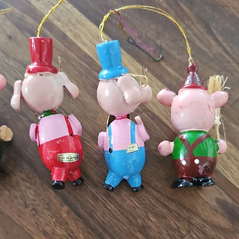 5 Vintage Christmas Pig ORNAMENTS music Sport Book Skiing Wooden 70s 80s Retro